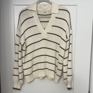 Cream and Brown Striped V-Neck Sweater